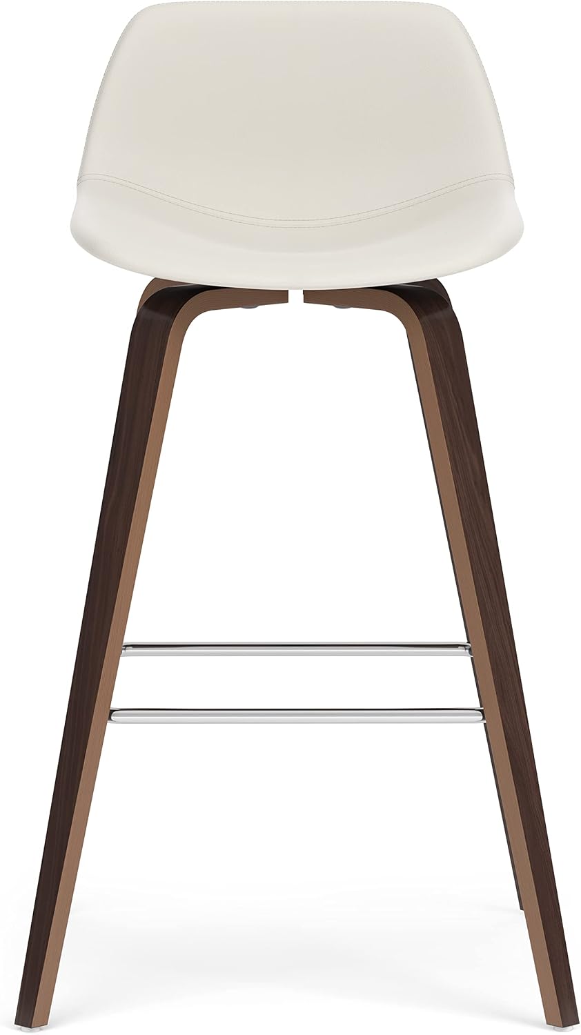 SIMPLIHOME Randolph Counter Stools (Set of 2) - 28 Inch Seat Height Upholstered Bentwood Bar Stools in Cream PU Faux Leather, Mid Century Modern Seating with Curved Backrest and Chrome Footrest
