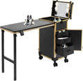 Professional Rolling Makeup Case, Foldable Nail Tables with Detachable Lighted Mirror, Travel Cosmetic Trolley Storage Organizer with Drawers & Bluetooth Speaker, Manicure for Artist (Black, Gold)