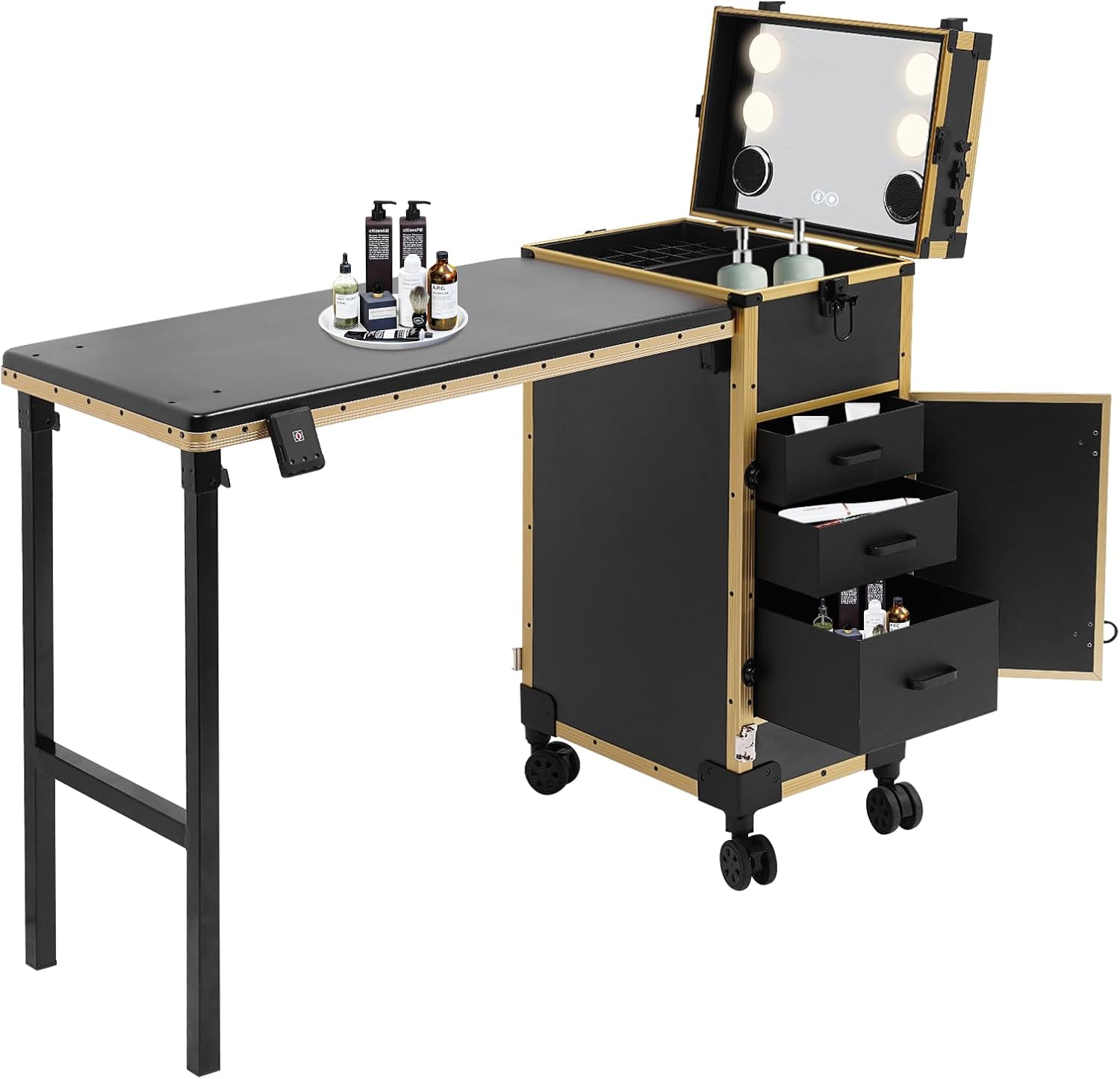 Portable Manicure Table, 1 Compartment+3 Drawers Rolling Lockable Makeup Train Case with Mirror & Light, Speaker and Power Interfaces, Foldable Nail Desk Nail Polish Organizer for Nail Tech Salon Use