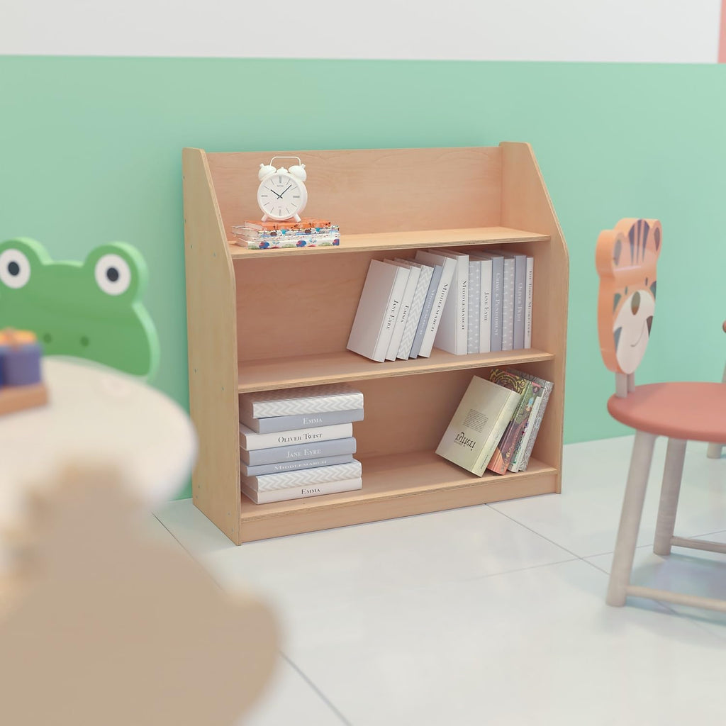 Flash Furniture Hercules 3 Shelf Commercial Book Case with Safe, Kid Friendly Curved Edges - 31.5' H Natural Wooden Bookshelf - Daycare, Classroom, Playroom Storage