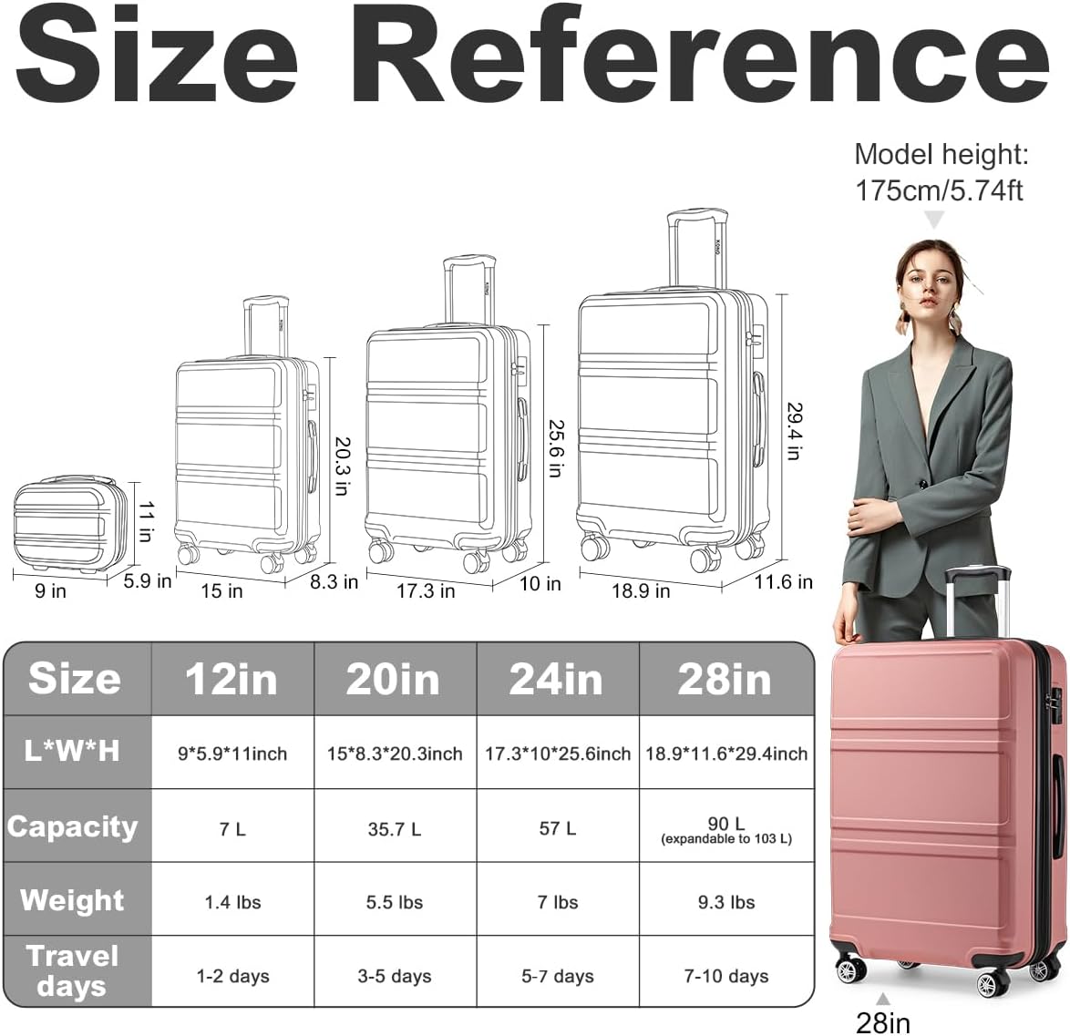 Kono 4 Piece Luggage Sets Expandable(only 28') with Spinner Wheels TSA Lock Lightweight PC+ABS Hardside Travel Rolling Suitcases 20in 24in 28in Carry on and 12in Mini Cosmetic Case Nude/Rose Pink