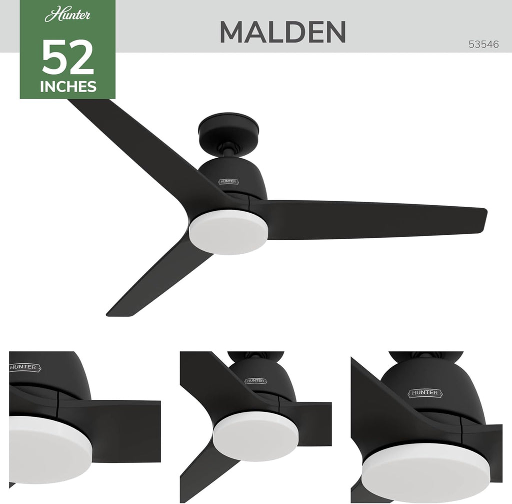 Hunter - Malden Indoor Ceiling Fan With Light, Remote, 52-inch, Casual-style, 3-speed WhisperWind Motor for living rooms, bedrooms, home offices, kitchens (Matte Black)