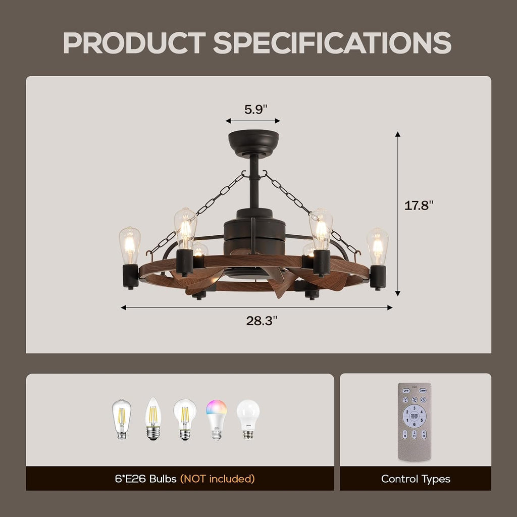 LUDOMIDE Ceiling Fan with Light, 28' Rustic Chandelier Ceiling Fan with Remote Control, Farmhouse Caged Ceiling Fan with Lights for Bedroom, Kitchen, Living Room, Dining Room