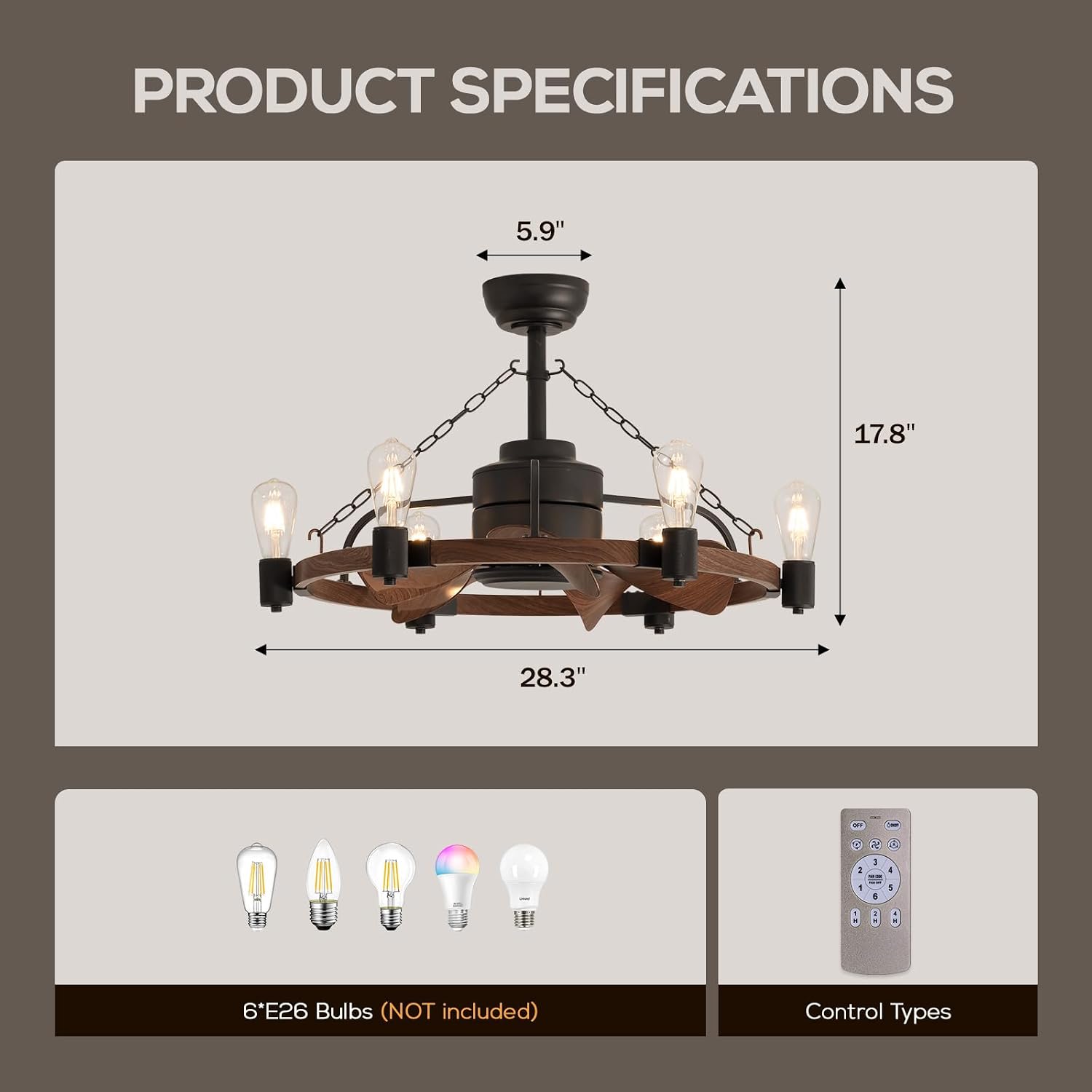 LUDOMIDE Ceiling Fan with Light, 28' Rustic Chandelier Ceiling Fan with Remote Control, Farmhouse Caged Ceiling Fan with Lights for Bedroom, Kitchen, Living Room, Dining Room