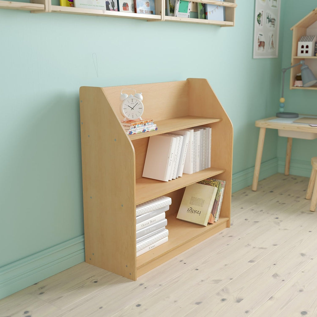 Flash Furniture Hercules 3 Shelf Commercial Book Case with Safe, Kid Friendly Curved Edges - 31.5' H Natural Wooden Bookshelf - Daycare, Classroom, Playroom Storage