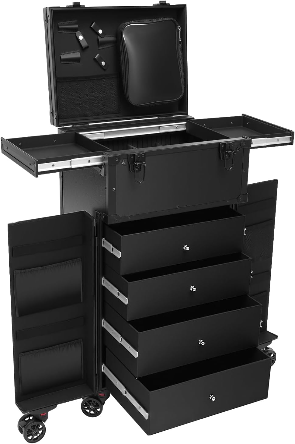 Professional Rolling Makeup Case, Beauty Classified Storage Trolley Travel Train Case with 6* Universal Wheels for Makeup Enthusiast Hair Barbers Stylist Nail Technician Black