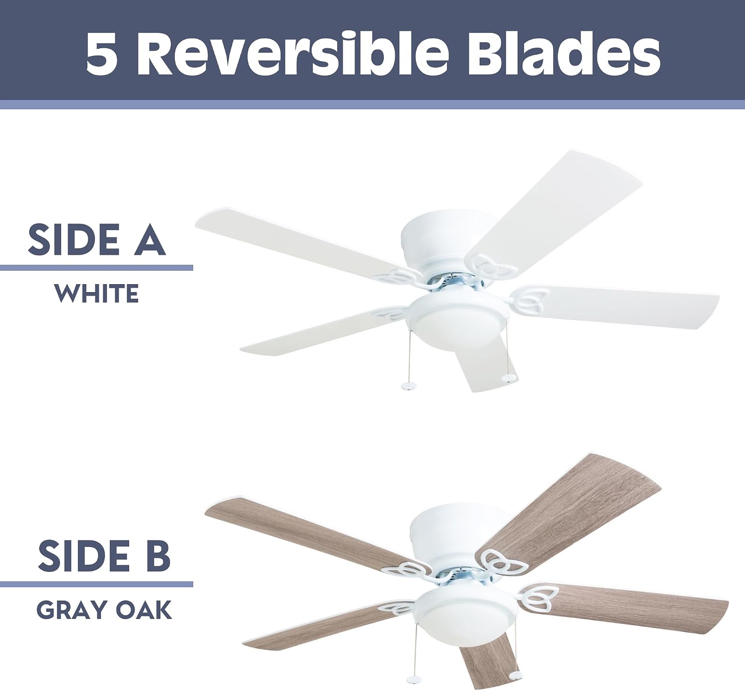 Prominence Home Benton Traditional 52 Inch Ceiling Fan with Light, LED Flush Mount Ceiling Fan, Indoor Fan with 5 Blades, White and Gray Oak Blade Finish Options, White (50852-01)