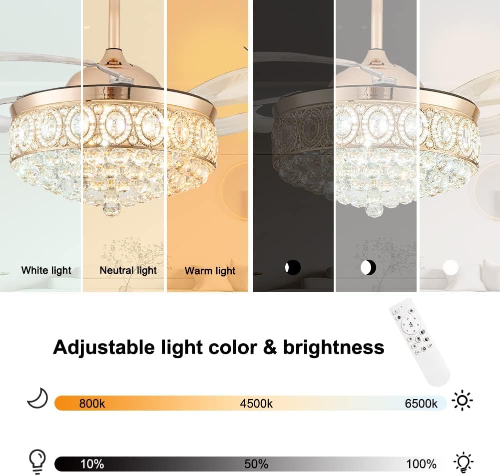 FRIXCHUR 42″ Dimmable Gold Crystal Chandelier Ceiling Fan Modern LED Fandelier Flush Mount Ceiling Fan with Lights and Remote, 6 Speed 3 Color Fans for Living Room Bedroom