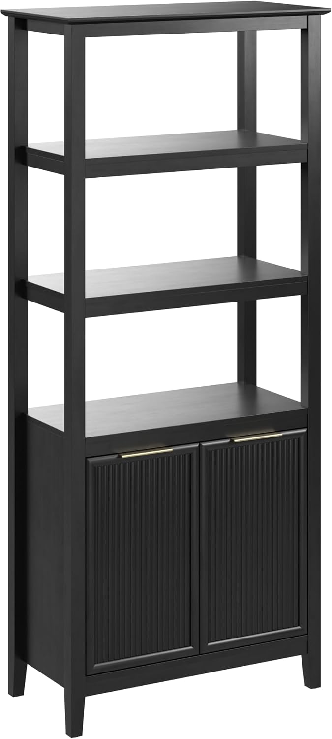 Bush Home 5 Shelf Bookcase with Doors, Fluted Tall Bookshelf Storage Cabinet with Open Shelves and Closed Storage for Living Room, Bedroom or Home Office Display, Camille Collection, Onyx Birch