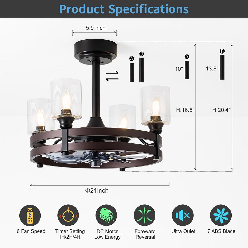 Caged Ceiling Fan with Light, 21' Farmhouse Ceiling Fan with Light for Bedroom/Kitchen/Dining/Room, Black Ceiling Fan with Lights Remote Control, DC Motor, Four LED Lights, Indoor, Bronze