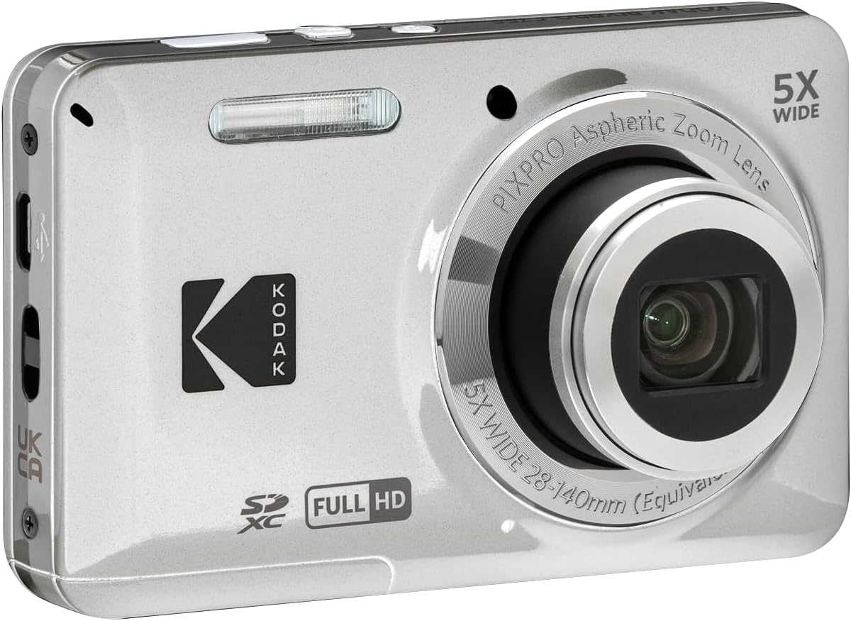 KODAK PIXPRO FZ55-BK 16MP Digital Camera 5X Optical Zoom 28mm Wide Angle 1080P Full HD Video 2.7' LCD Vlogging Camera. Bundle with SD Card and Slinger Camera Bag (Silver)