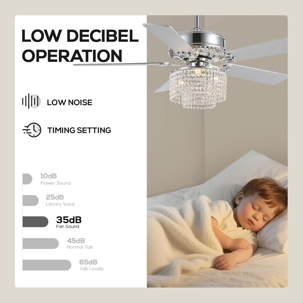 52 Inch Crystal Ceiling Fan with Light and Remote, Modern Reversible Chandelier Fan with Wood Blades, Elegant Fandelier Ceiling Light Kit for Bedroom Dining Room Living Room, Chrome
