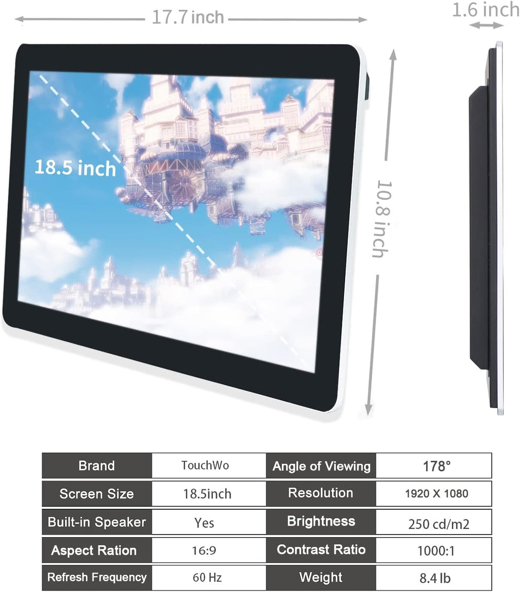 18.5 inch Touchscreen Industrial Computer Monitor, Wall Mountable WiFi & BT Smart Board for Office & Classroom, 1080P Display, Win-11 Pro, Core i7, 8GB RAM & 512G SSD