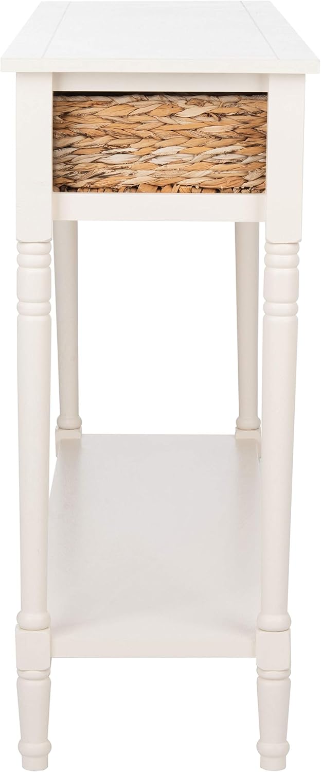 SAFAVIEH Home Collection – Christa Distressed White Console Table with Rattan Drawers & Shelf, Coastal Cottage Storage Console, Vintage Design (AMH5737B)