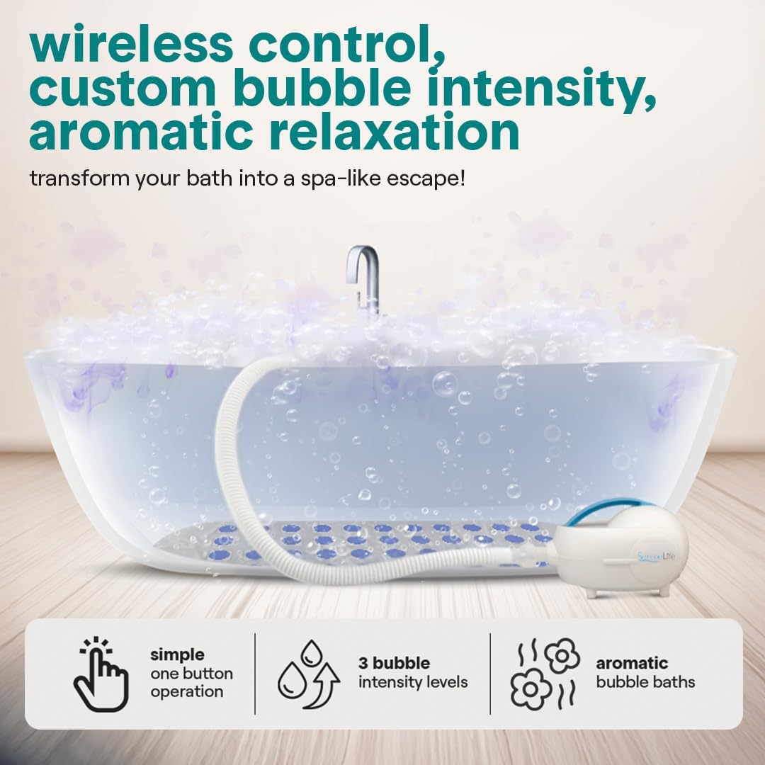 SereneLife Spa Bath Mat Full Body Massager - Portable Bubble Bath Massager with Air Jets, Remote Control, Non-Slip Adjustable Bubble Mat, Aroma Clip for Essential Oils, 47' x 14.2'