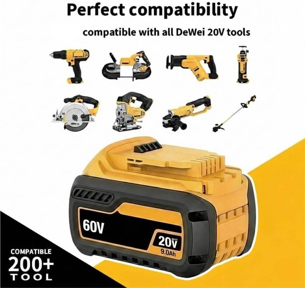 20V/60V Replacement Lithium-Ion High Battery Compatible With Dewalt DCB200 DCB204 DCB612 DCB206 Drill Cordless Power Reciprocating Saw Tool Packs(2pcs 9AH)