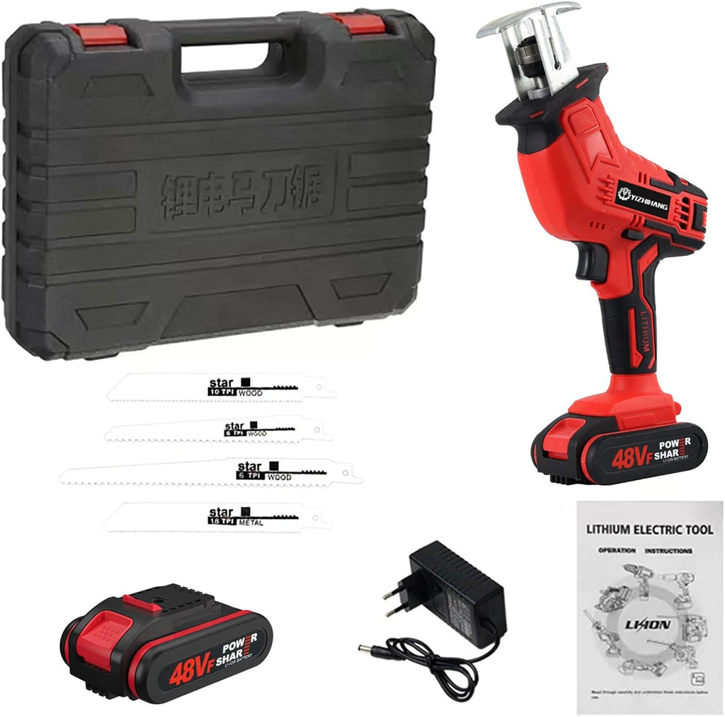 Cordless Reciprocating Saw 48v - Portable Electric Bone Saw, 4pcs Blades Included 2 Battery And Charger For Metal Wood Pvc Pipe Cutting Saw (Two batteries)