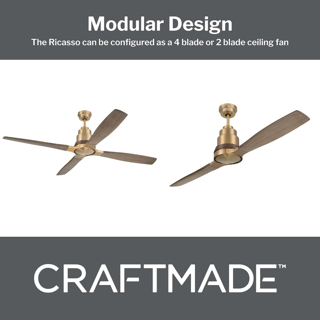 Craftmade RIC60SB4 | 60″ Satin Brass Ceiling Fan with Integrated LED Light (1005 Lumens, 3000K) | 4 or 2 - Blade Driftwood Finish | 6-Speed Reversible DC Motor | Dual-Mount Ceiling Fan | Indoor Use