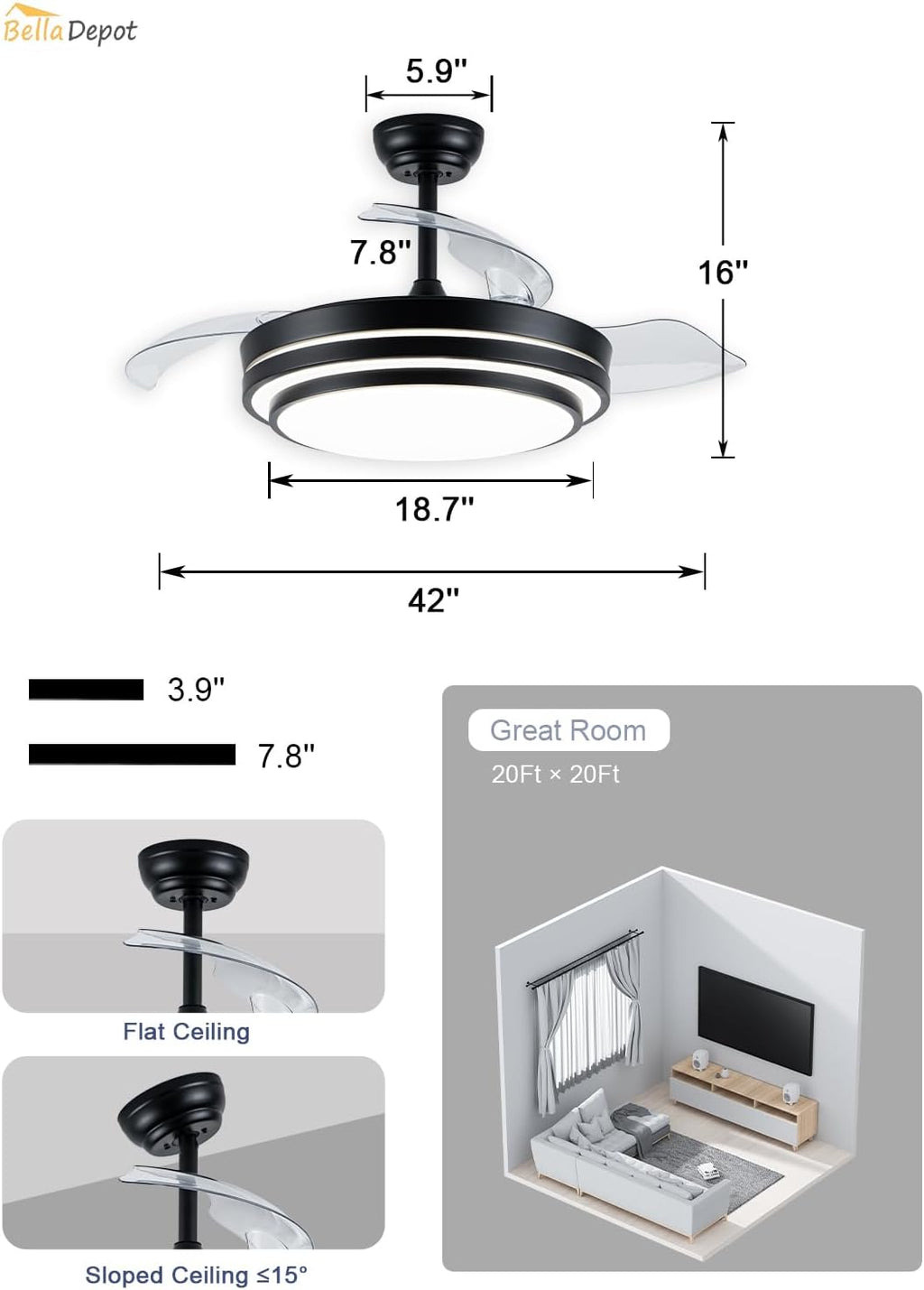 Bella Depot 42 Inch Retractable Ceiling Fan with Dimmable LED Light and Remote with 3 Color Change, Timing Options, Silent Noiseless for Dining Room Bedroom Kitchen (Black, 42')