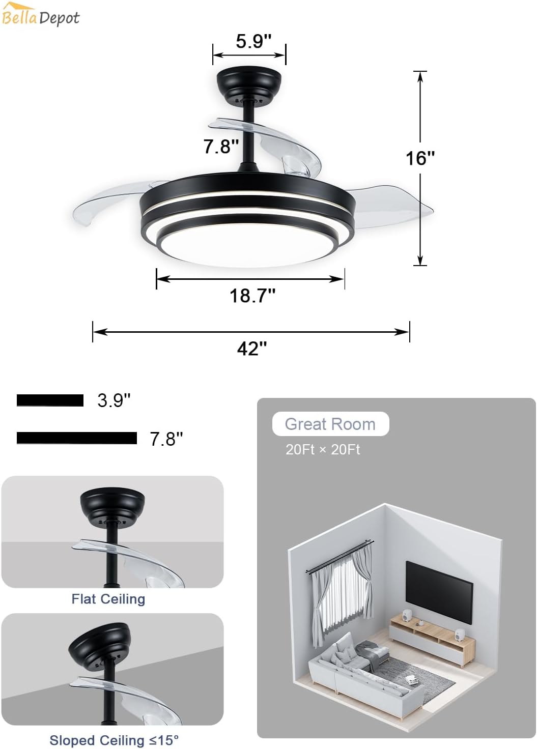 Bella Depot 42 Inch Retractable Ceiling Fan with Dimmable LED Light and Remote with 3 Color Change, Timing Options, Silent Noiseless for Dining Room Bedroom Kitchen (Black, 42')