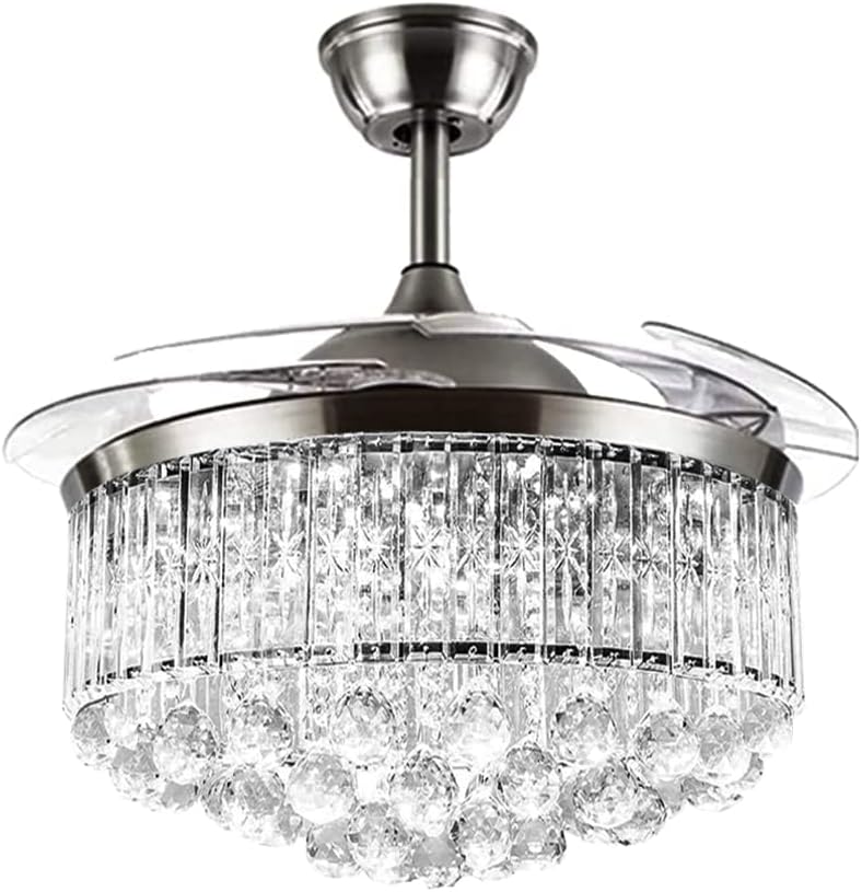 42' Modern Fandelier Retractable Ceiling Fan with Light Remote Control Crystal Chandelier Fan with 3 Color Changes 3 Fan Speeds Silent LED Ceiling Fan for Dining Living Room Bedroom