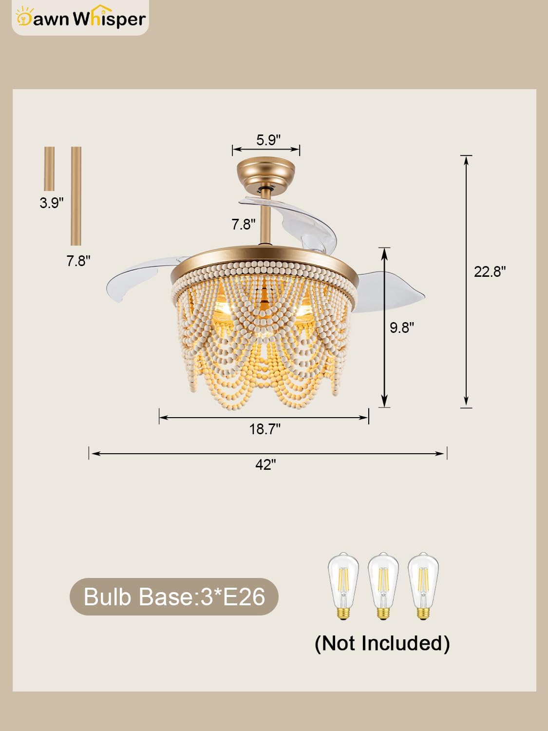 Dawn Whisper Gold Retractable Ceiling Fan with Lights 42 Inch Wood Beaded Boho Chandelier with Fan Farmhouse Style Fandelier for Bedroom Living Room