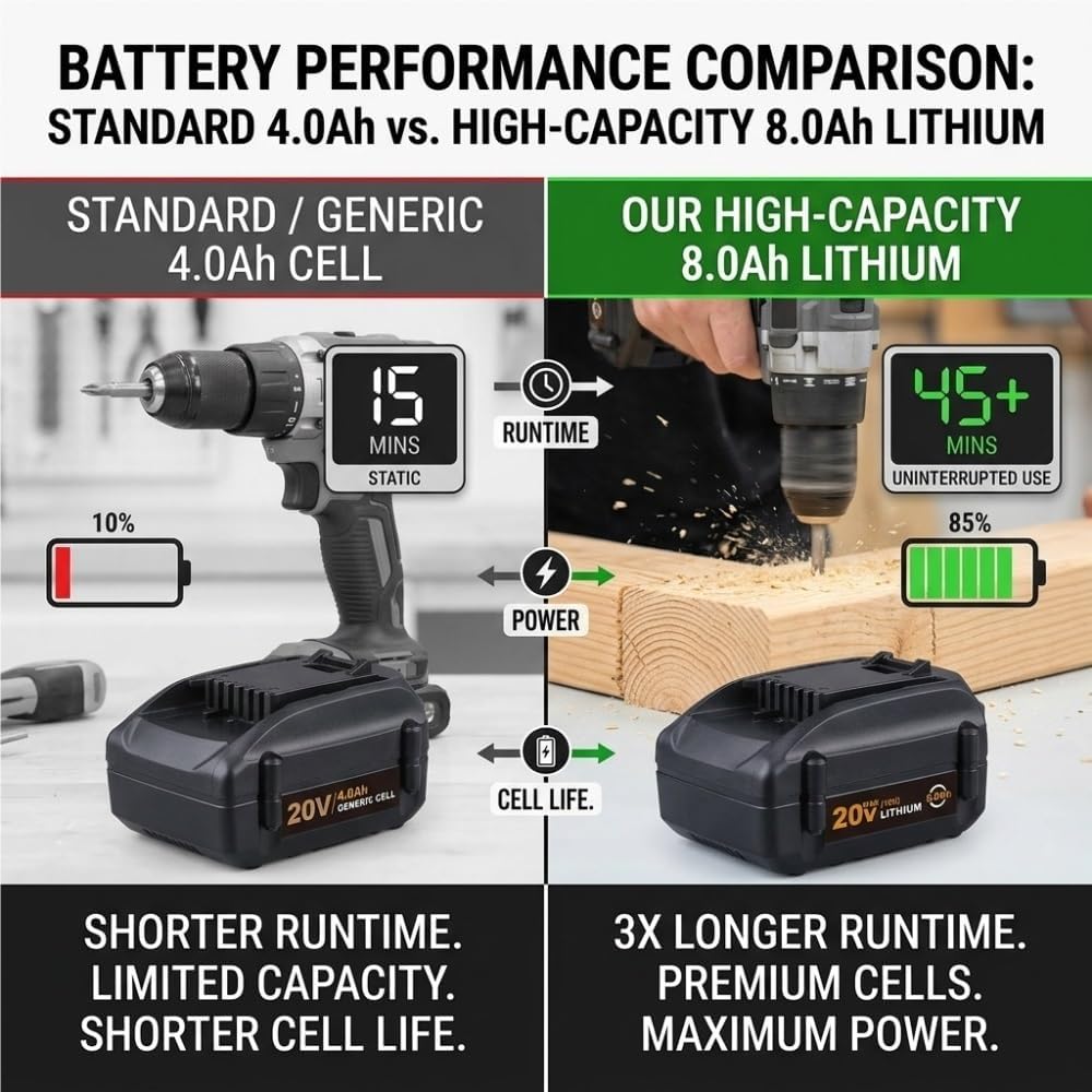 20V Replacement Lithium-Ion Battery Compatible With Worx WA3520 WG151 WA3575 WA3512 Cordless Power Drill Angle Grinder Reciprocating Saw Tool Packs(2PCS 8.0Ah)