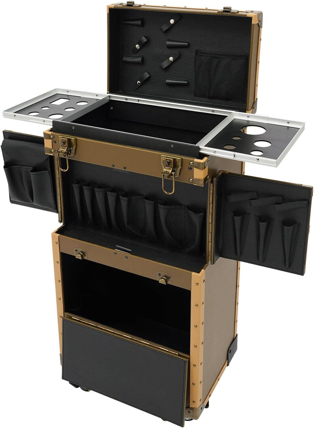 Rolling Makeup Case, Cosmetic Organizer Trolley Train Case with Keys, Large Storage Swivel Wheels Salon Barber Traveling Trunk for Make Up Hairstylists Nail Tech (Gold with 2Keys)