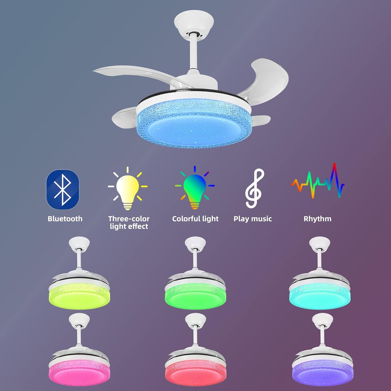 36' Smart Retractable Ceiling Fan with Bluetooth Speaker for Kids Room, RGB Color Changing Crystal Fandelier with App/Voice Control, Works with Alexa & Google Home, Dimmable LED & Quiet Motor