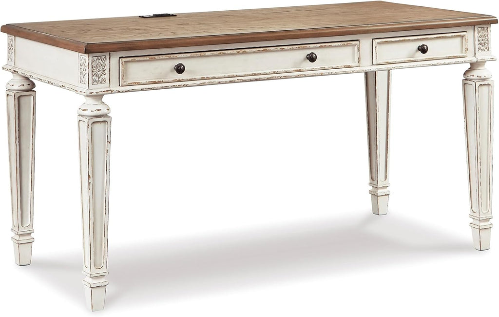 Signature Design by Ashley Realyn Farmhouse Home Office Desk, 2 Drawers, Drop-down Drawer, USB Charging, Wood, 60' W x 28' D x 31' H, Chipped White and Brown