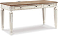 Signature Design by Ashley Realyn Farmhouse Home Office Desk, 2 Drawers, Drop-down Drawer, USB Charging, Wood, 60' W x 28' D x 31' H, Chipped White and Brown