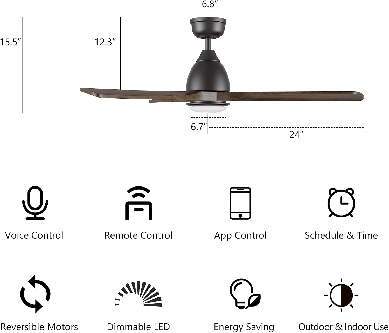 SMAAIR 48' Smart Ceiling Fan with Lights and Remote,Low Profile Modern Ceiling Fan,3 Solid Wood Blades,Works with Siri/Alexa/Google Assistant,10 Speed DC Motor,Dimmable,Indoor Use,Brown Walnut