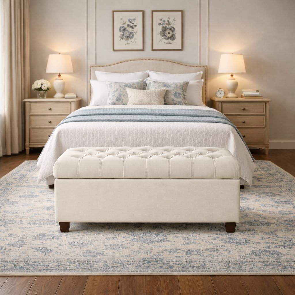 Homepop Home Decor | Tufted Ainsley Button Storage Ottoman Bench with Hinged Lid | Ottoman Bench with Storage for Living Room & Bedroom, Soft Cream, Textured Neutral