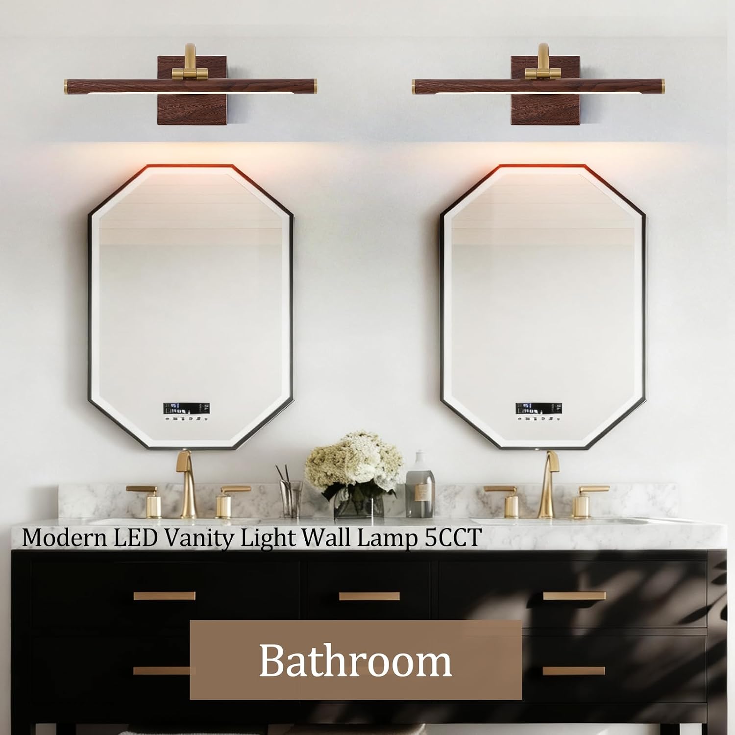 2 Pack Brass & Wood Wall Mount LED Picture Light, Hard Wired Dimmable Swing Arm Art Gallery Lamp 2700K Warm White Home Art Painting Decor Light