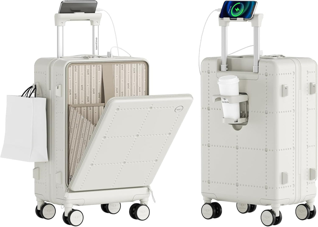 Santino Carry On Luggage 22x14x9 Airline Approved 20 Inch baggage pc Hard Shell Suitcase with Spinner Wheels TSA Lock with USB Port and Cup Holder and phone holder Top Opening Suitcase