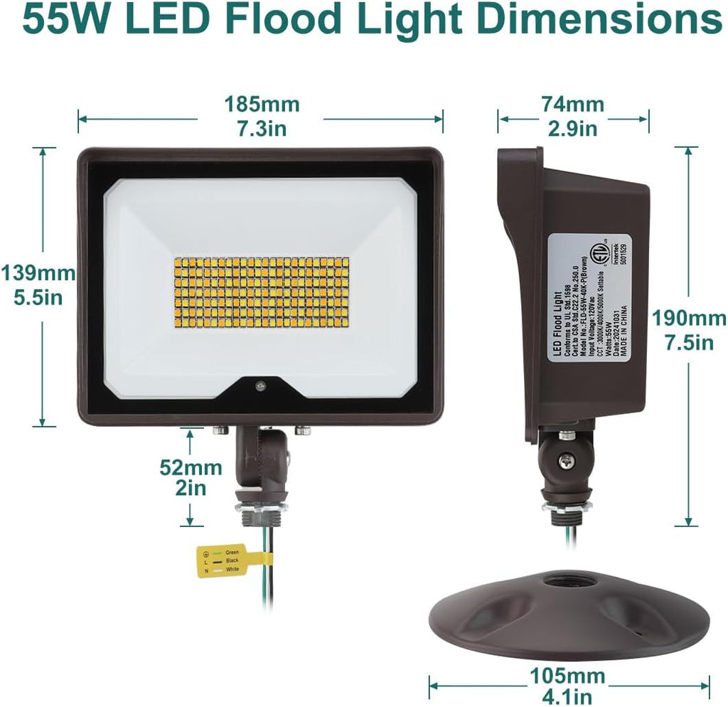 kadision 55W LED Flood Light with Dusk-to-Dawn Photocell, 3000K/4000K/5000K Selectable, 120V 6600lm IP65 Waterproof Knuckle Mount Outdoor Security Lights, ETL Listed, 4-Pack