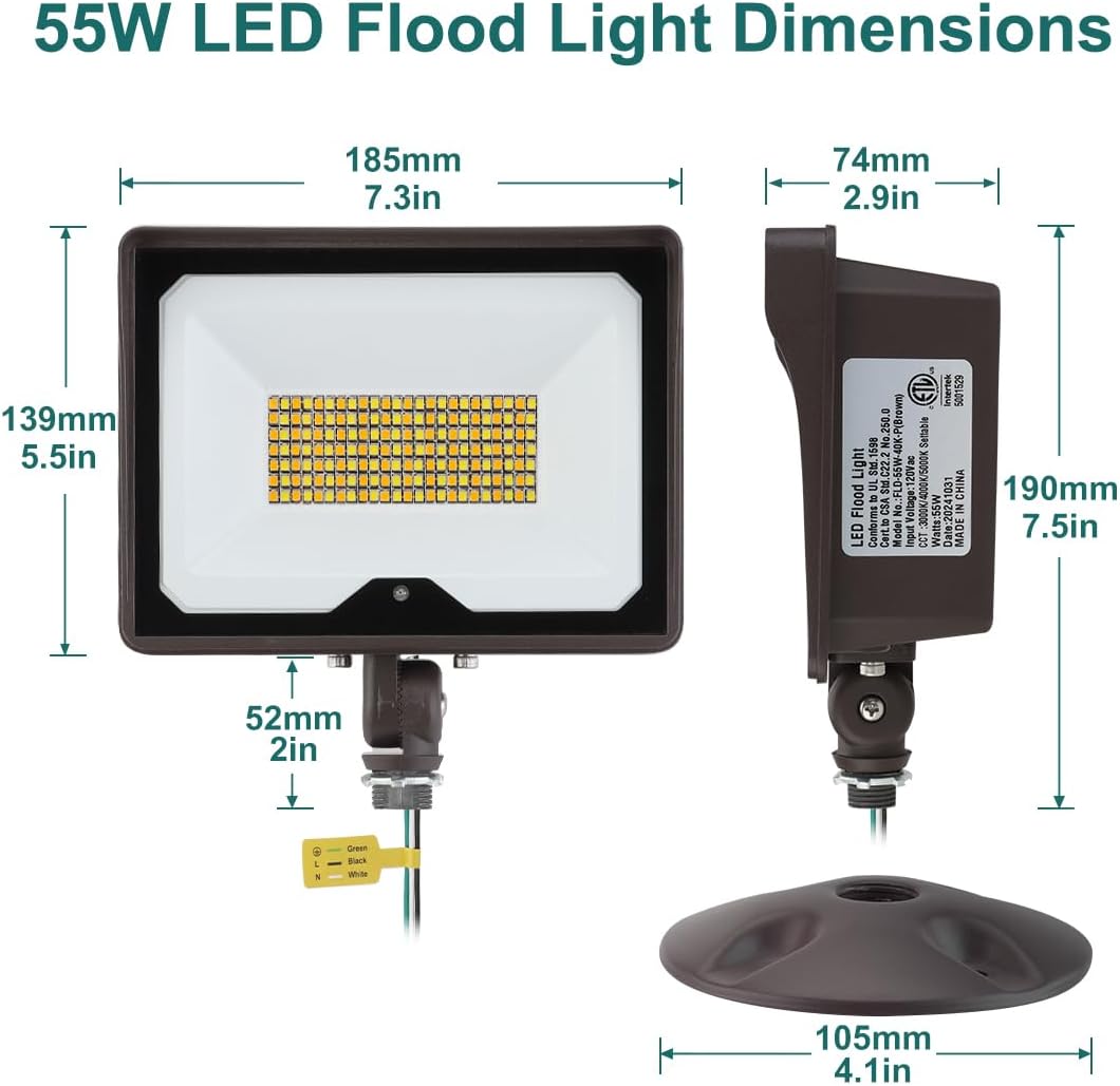 kadision 55W LED Flood Light with Dusk-to-Dawn Photocell, 3000K/4000K/5000K Selectable, 120V 6600lm IP65 Waterproof Knuckle Mount Outdoor Security Lights, ETL Listed, 4-Pack