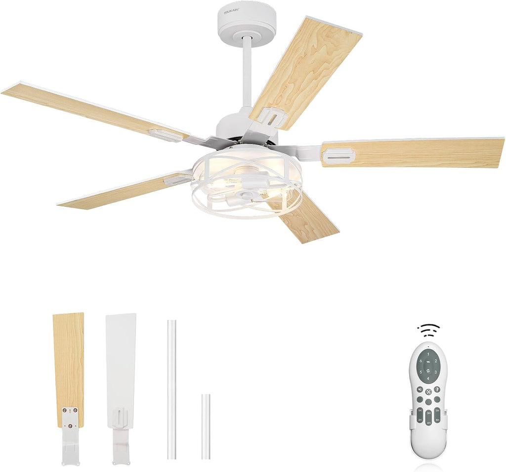 YOUKAIN Ceiling Fans with Lights, 48 Inch Farmhouse Ceiling Fans with Lights and Remote, 5-Reversible, White Finish, Outdoor Ceiling Fan for Indoor/Outdoor Use, 48-YJ632-WHW