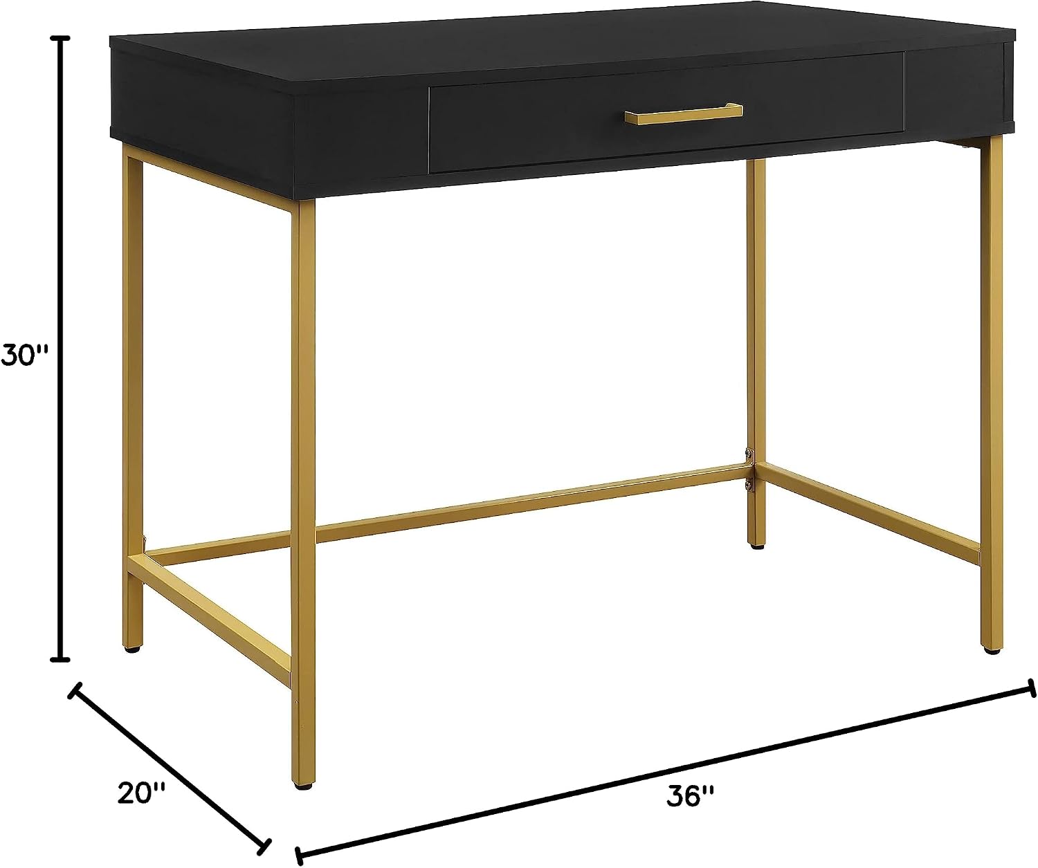 OSP Home Furnishings Modern Life Contemporary Writing Desk with Large Drawer and Gold Metal Legs, Black Finish