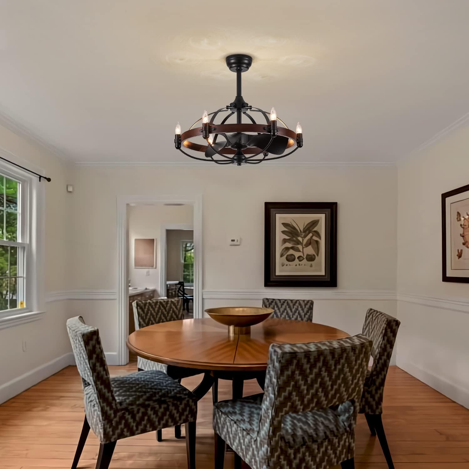 27-Inch Brown Walnut Farmhouse Style Chandelier Ceiling Fan with Light and Remote Control, Bladeless Motor for Bedroom, Kitchen, Living Room, Dining Room