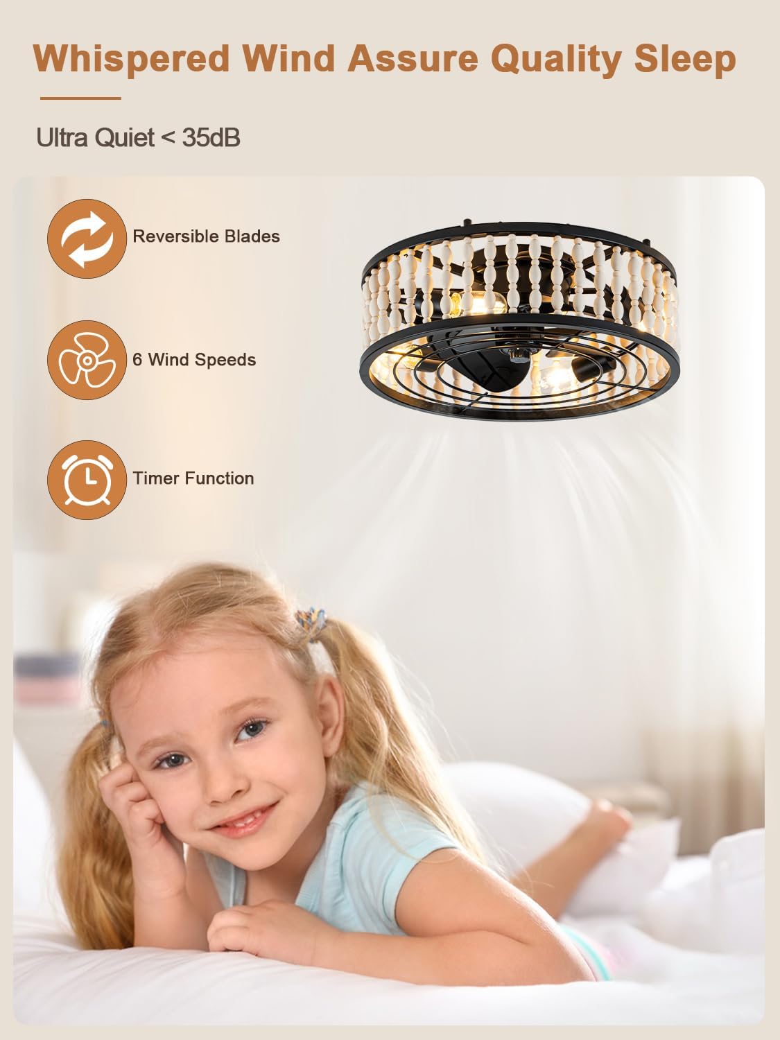 20' Boho Ceiling Fan with Light, Farmhouse Wood Beaded Low Profile Ceiling Fan with Remote, Flush Mount/6-Speed/Timer/Quiet DC Motor/Reversible