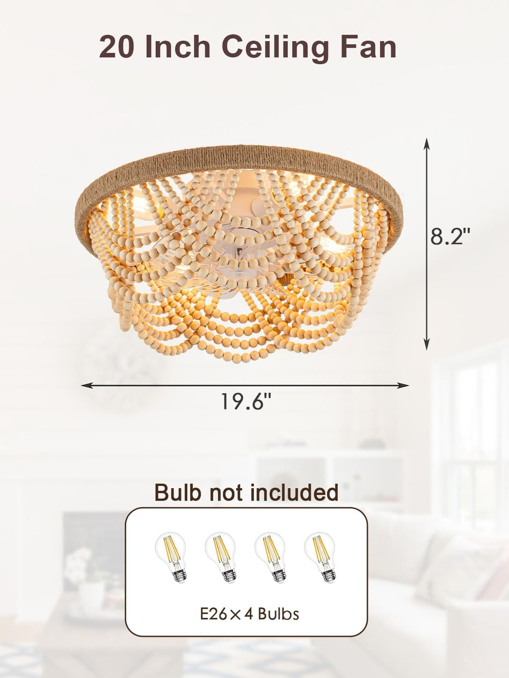 20' Boho Ceiling Fan with Light, Wood Beaded Flush Mount Ceiling Fans with 6 Speeds 3 Timing, Bohemian Caged Ceiling Fan for Living Room Kitchen Bedroom Nursery