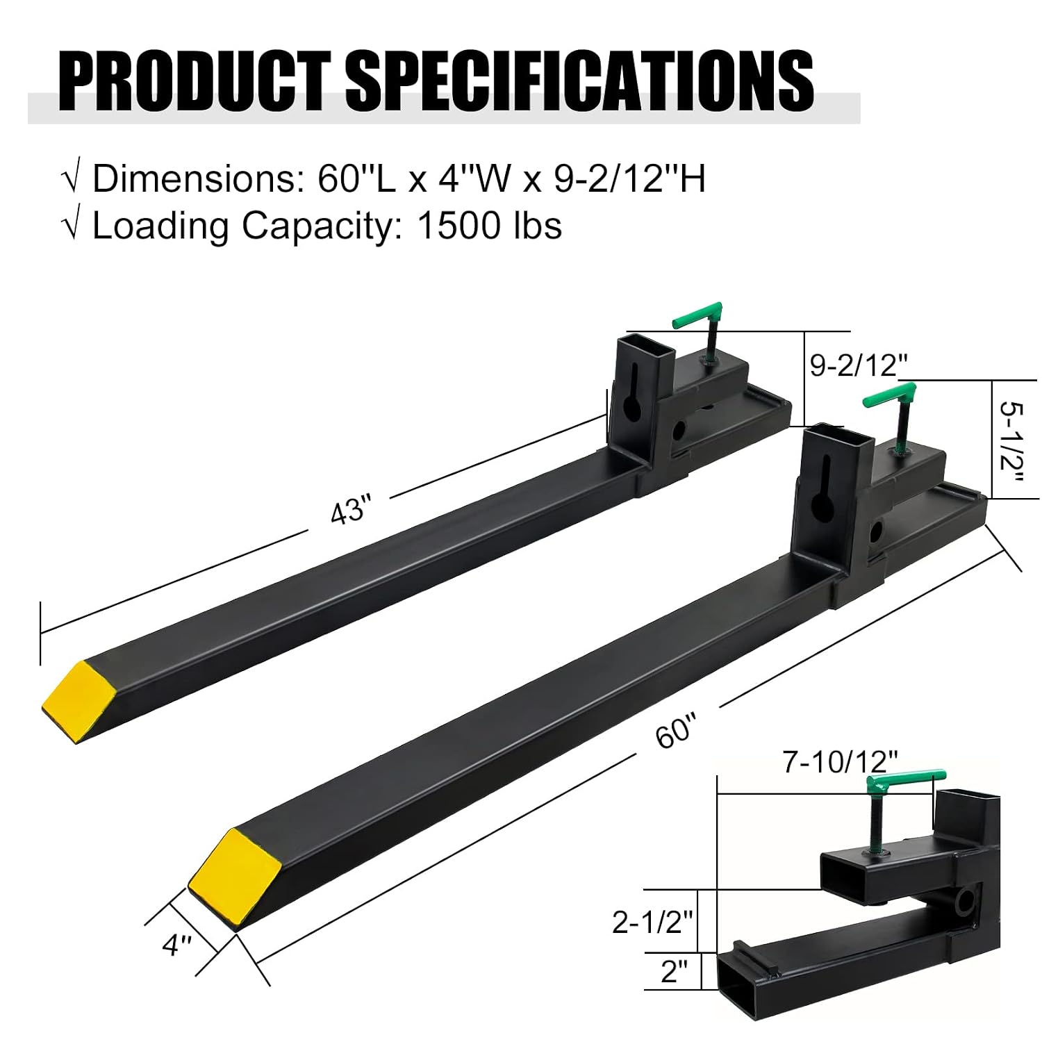 Clamp On Pallet Forks 1500 Lbs Max, 60' Total Length Tractor Bucket Forks, Heavy Duty Front Loader Forks for Skid Steer, Bucket Forks for Agriculture and Farm