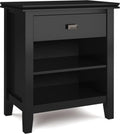 SIMPLIHOME Artisan Bedside Table - 24 inch Wide Solid Wood Nightstand Table in Black, Contemporary Bedroom Side or End Table with 1 Drawer, Open Shelf Storage and Bronze Knobs