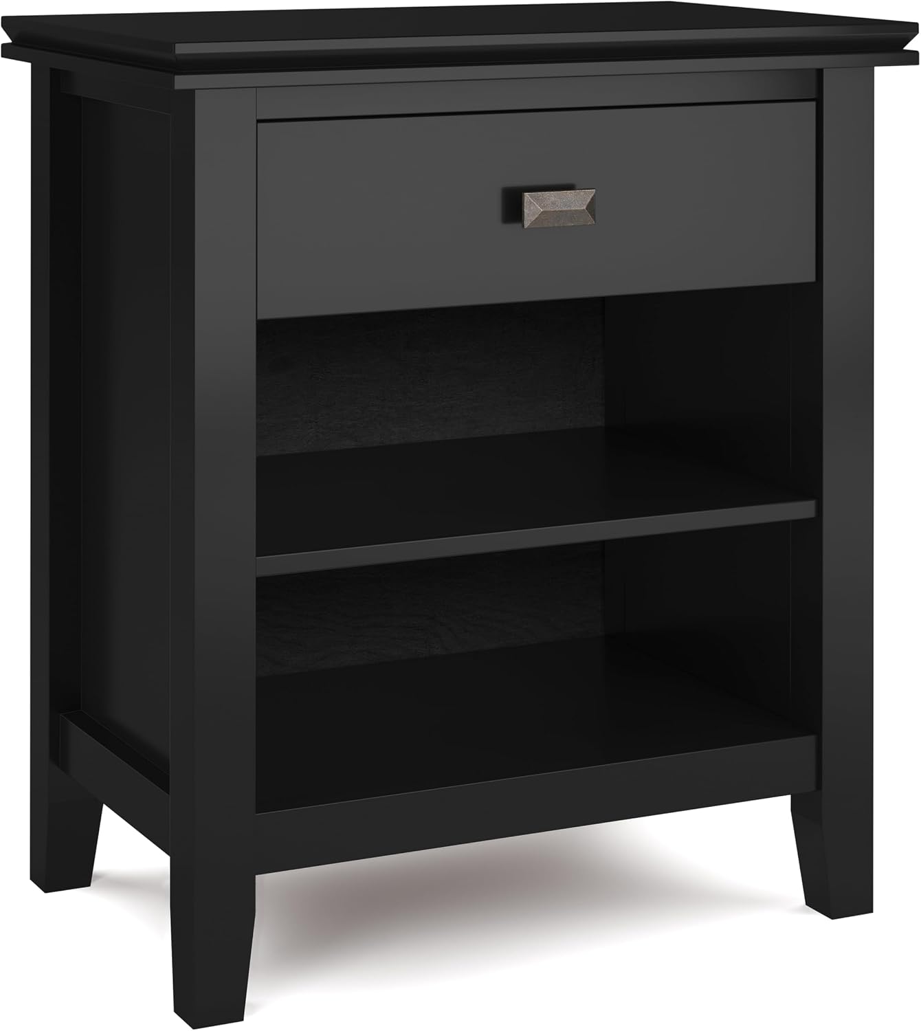 SIMPLIHOME Artisan Bedside Table - 24 inch Wide Solid Wood Nightstand Table in Black, Contemporary Bedroom Side or End Table with 1 Drawer, Open Shelf Storage and Bronze Knobs