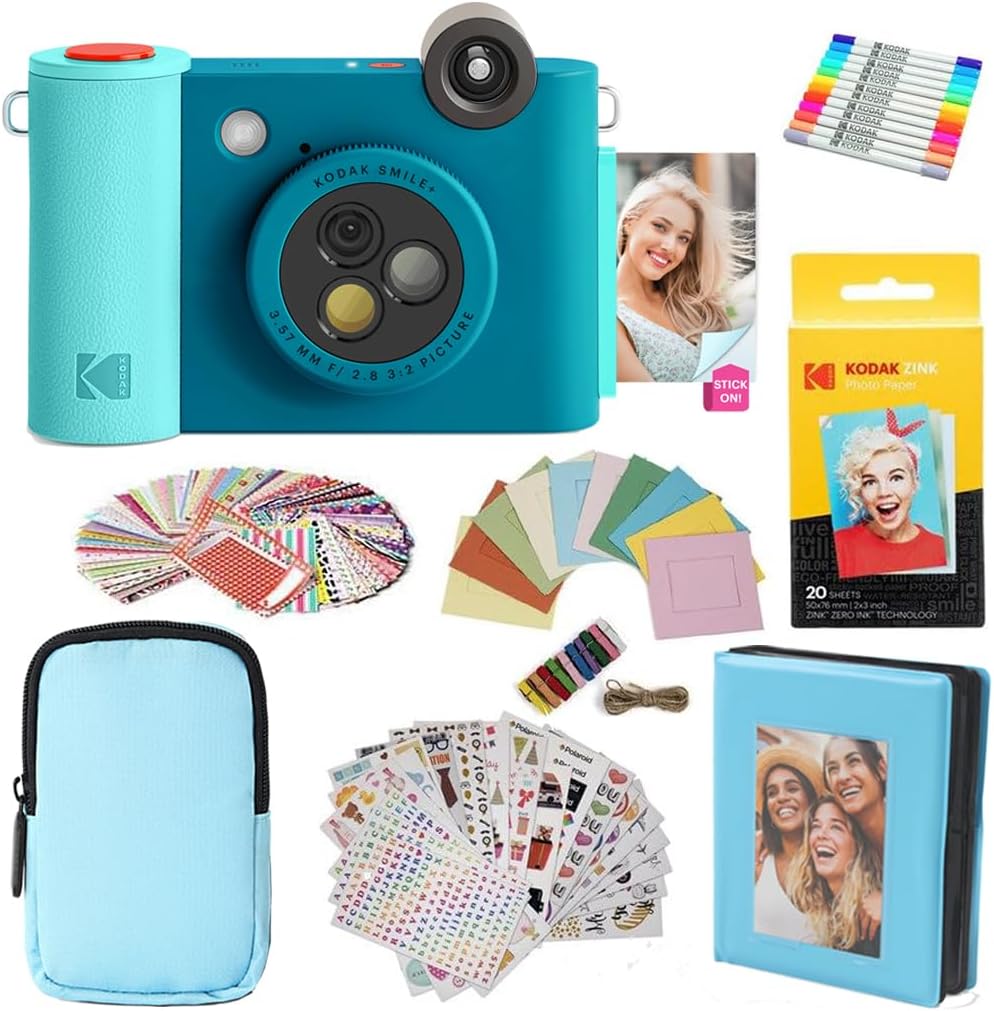 Kodak Smile+ 2-in-1 Digital Instant Print Camera & Photo Printer Gift Bundle + Case + Zink 2x3 Sticky Back Photo Paper 20pk + Album + Sticker Frames + Hanging Frames + Sticker Sets + Markers - Blue