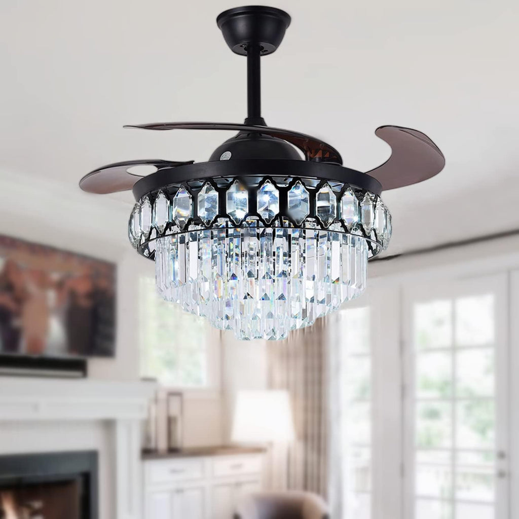 RuiWing 42' Crystal Ceiling Fans with Lights Retractable Blades LED Chandelier Remote Control 3 Different Lighting Mode Dimmable Fandelier for Bedroom Living Room