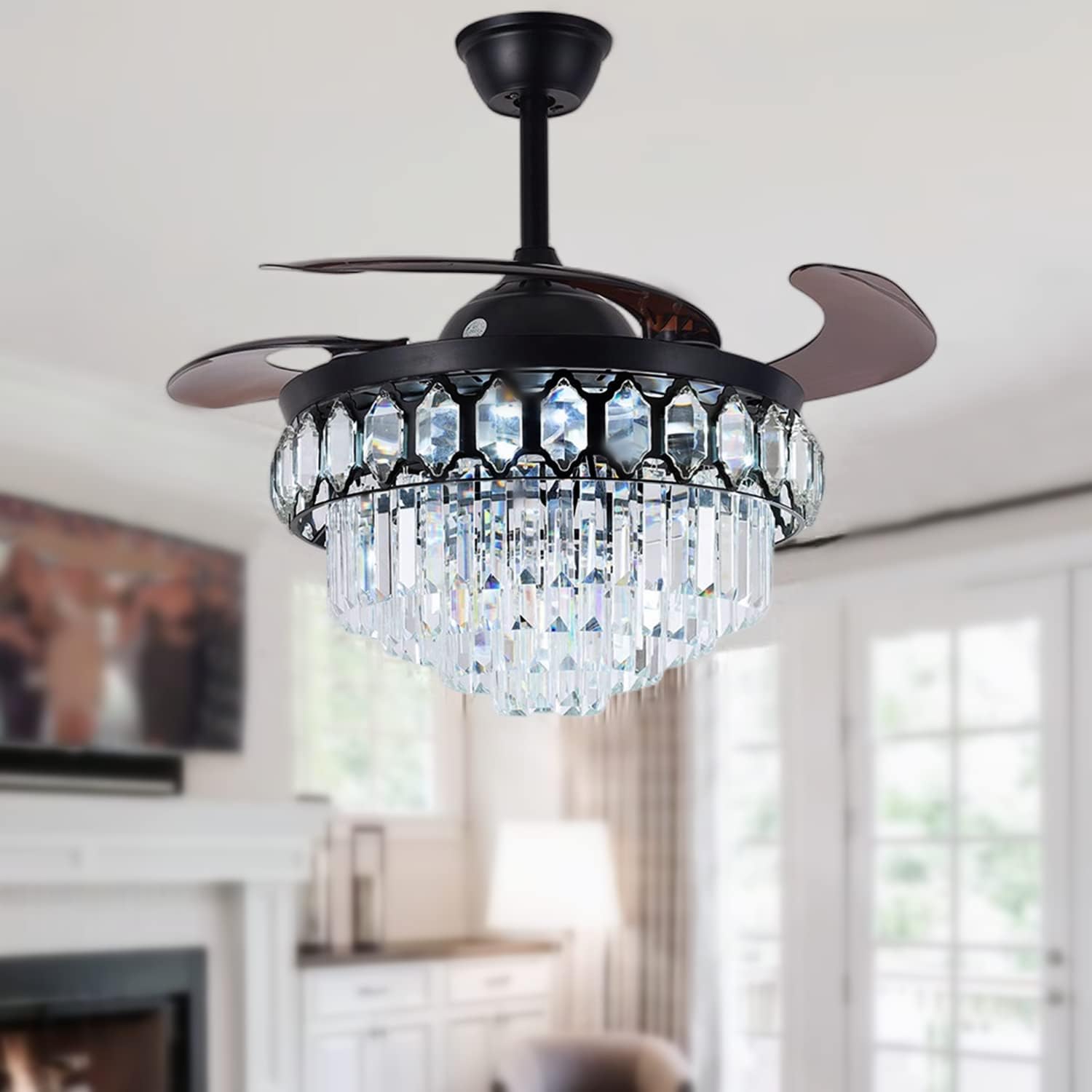 RuiWing 42' Crystal Ceiling Fans with Lights Retractable Blades LED Chandelier Remote Control 3 Different Lighting Mode Dimmable Fandelier for Bedroom Living Room