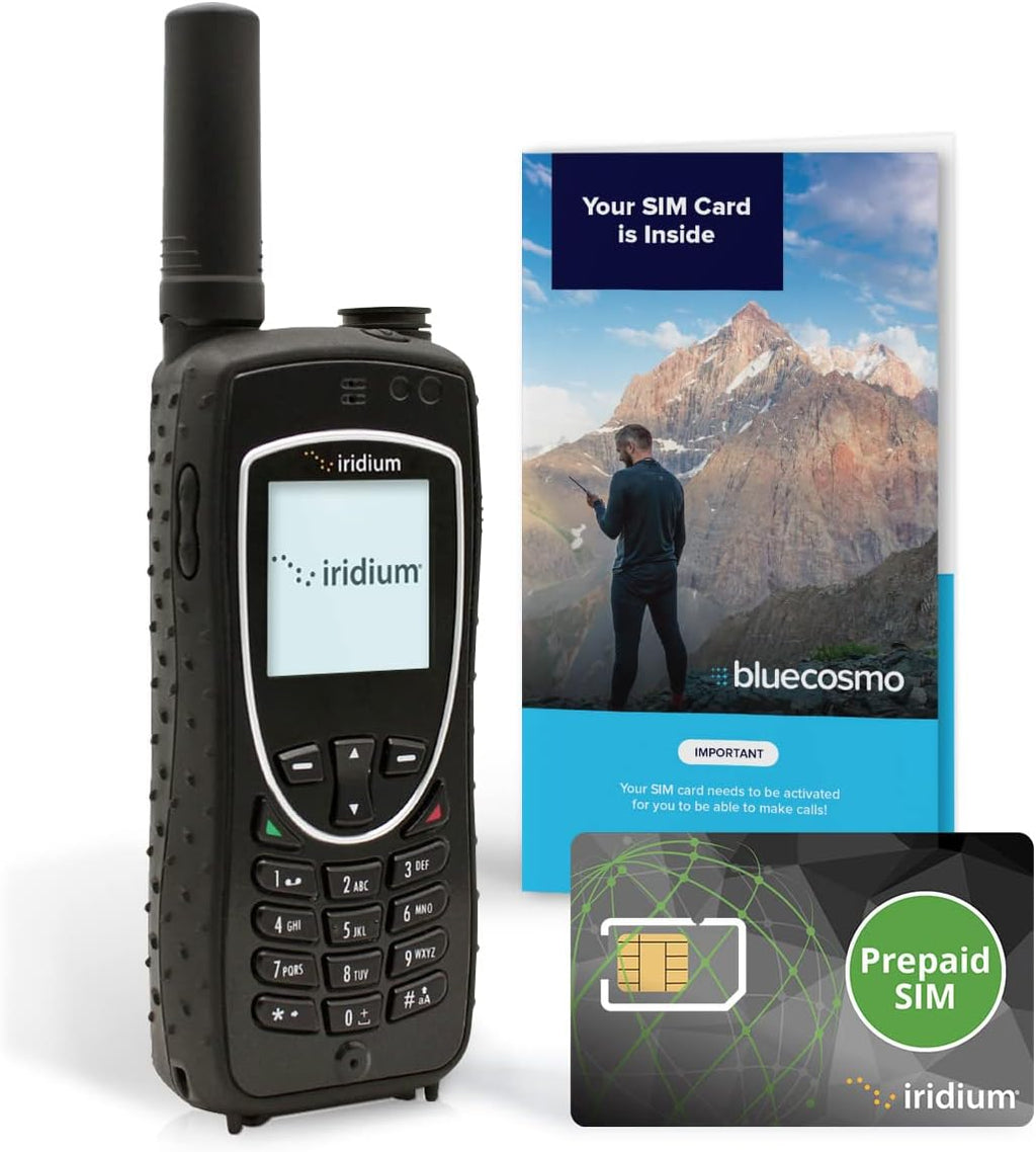 BlueCosmo Iridium Extreme Satellite Phone Bundle - Only Truly Global Satellite Phone - Voice, SMS Text Messaging, GPS Tracking, Emergency SOS - Prepaid SIM Card Included - Online Activation - 24/7
