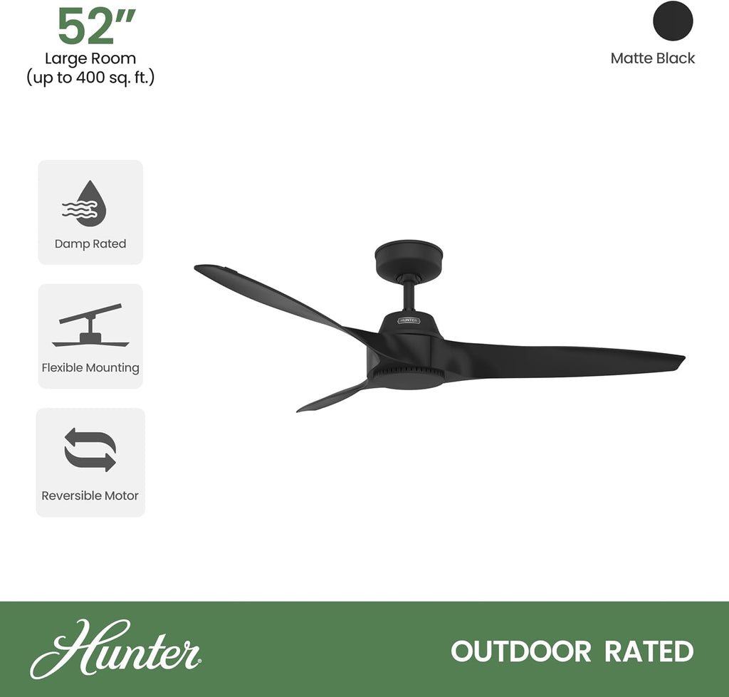 Hunter Fan 52 Inch Matte Black Ceiling Fan with 3 Blades, Indoor/Outdoor Ceiling Fan for Living Room, Bedroom, Farmhouse, Kitchen, Patio (Renewed)